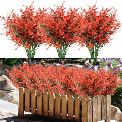 Künstliche Pflanzen Blumen UV Beständig Kunstblumen Im Topf Wie Echt 10 Bündel Fake Flowers Sträucher Deko Kunstblume Künstliche Balkonpflanzen Lavendel für Haus Tisch Garten Dekoration (Rot)