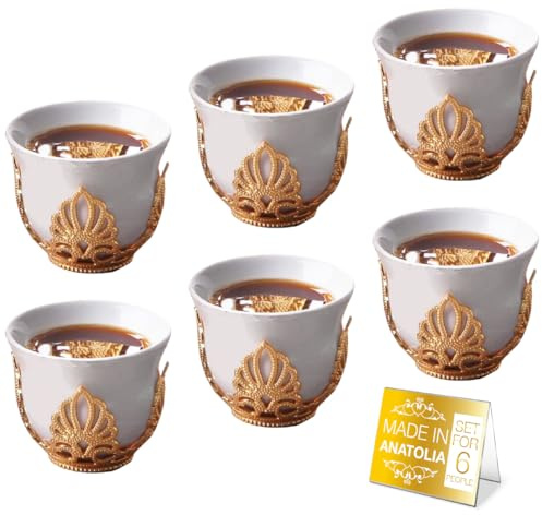 Mirra 1.8 oz Porcelain Turkish Coffee Cup Set of 6 with Removable Gold Holders | Arabic White Coffee Cups | Handcrafted Arabian Greek Turkish Coffee Cups | Juego de Tasas de Cafe