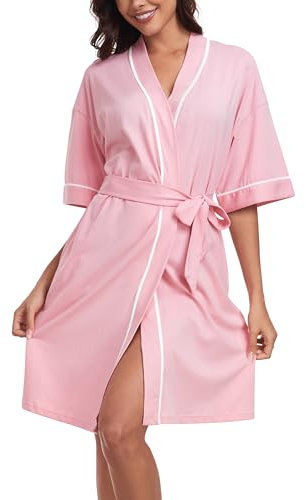 COLORFULLEAF Accappatoio da donna, corto, leggero, con maniche a 1/2, sottile, kimono con tasche, Colore: rosa., S