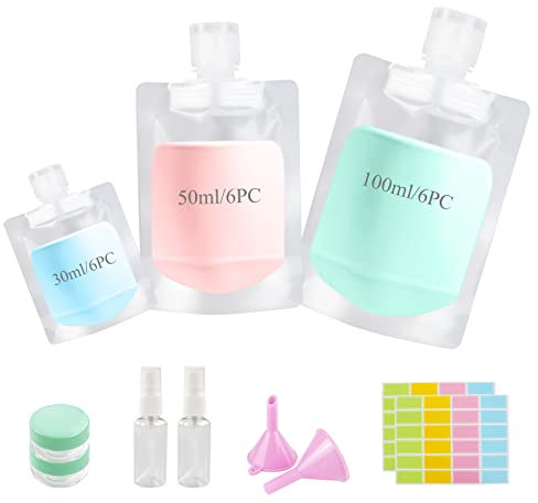 Mulaibdin 18 Piezas Botes Viaje Rellenables, Botellas de Viaje Avion 30/50/100ml, Botes para Gel y Champu, Viajes Accesorios, Botella a Prueba de Fugas, Kit Viaje Higiene para Artículos de Tocador