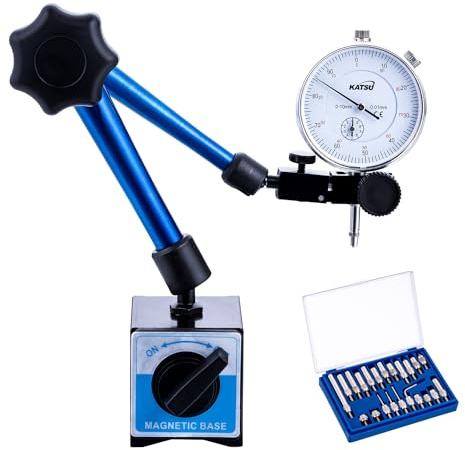 KATSU Dial Test Indicator with Magnetic Base Holder and 22 Pieces Indicator Points Set, DTI Gauge 0-10mm 0.01mm High Precision Measuring ToolKit 401118