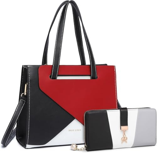 Miss Lulu Damen Handtasche Henkeltasche PU Leder Schultertasche mit verstellbarem Riemen, Tragegriff oben, für Alltags Mode Arbeit Mittelgroß mit Geldbörse 2-teiliges Set
