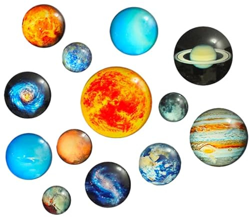 PacuM 13 Stück Kühlschrankmagnete rund Serie Sternenhimmel - Kristallglas - Dekorative Glasmagnete mit Planetenmotiven - Geeignet für Whiteboards und Kühlschränke
