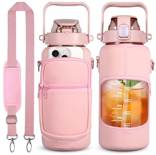 Dolenor 2 Litre Water Bottle with Straw & Sleeve, 64oz Leak-Proof BPA Free Sports Bottle with Time Marker & Strap, Motivational Gym Water Bottle for Fitness, Hiking, Travel,Pink