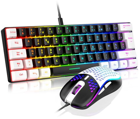 RedThunder 60% Ensemble Clavier et Souris 2-en-1 Gamer, AZERTY FRANÇAIS, Mini Clavier Ultra-Compact Rétroéclairé RGB 62 Touches, Souris Légère 6 Boutons 7200 DPI pour PC Mac PS5 Xbox (Noir-Blanc)