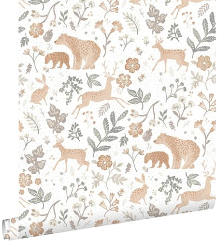 papier peint forêt avec des animaux de la forêt vert grisé, beige et blanc 53 cm x 10.05 m - ESTAhome
