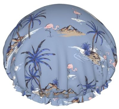 Wiederverwendbare Duschhaube für Damen, Sommerbaum, Flamingo, Badehaube, doppellagig, wasserdicht, Dusch-Haarschutz, verstellbares Gummiband, Duschhut für Home-Spa-Salon, Badehauben