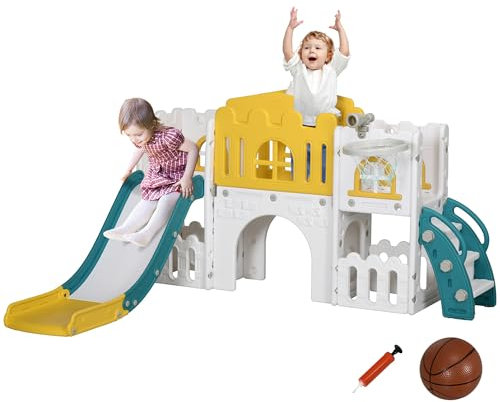 AIYAPLAY Kids Slide, 7 in 1 Toddler Slide for Indoor Use, with Basketball Hoop, Climber, Telescope, Tunnel, Steering Wheel, platform Aisle, Storage Basket, for Ages 1-3 Years, Yellow