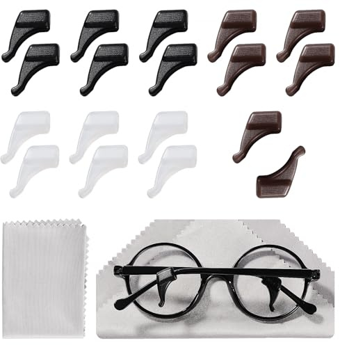 Lyeteung 9 Pairs 20x11 mm Glasses Ear Grips, Silicone Glasses Temple Holders, Anti Slip Ear Hook Grip, Glasses Grips Behind Ears, with Glasses Cloth, for Spectacle, Reading Glasses, White/Black/Brown