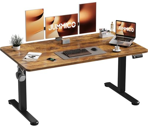 JUMMICO Scrivania regolabile in altezza 140×60 cm, telecomando a 4 tasti con funzione memoria, dotata di gancio, adatta per ufficio, studio e gaming, Marrone