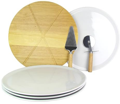 Lentz Juego de 4 platos para pizza de 33 cm de diámetro, incluye tabla de madera auténtica, cortador de pizza y cortador de pizza de acero inoxidable