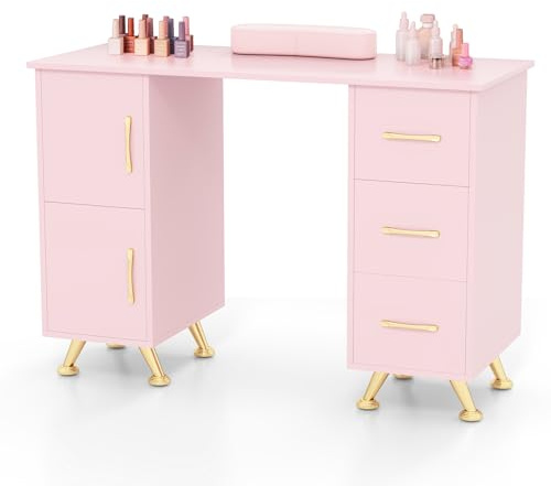 GOPLUS Table Manucure Professionnelle, 2 en 1 Bureau et Table Ongulaire, avec Repose-Poignet, 8 Pieds en Métal, 3 Tiroirs, 2 Armoires, Station de Travail en Bois, pour Salon de Beauté (Rose)