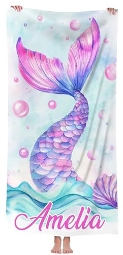Jodimitty Mikrofaser Strandtuch Personalisiertes Name Wasserabsorbierend Schnelltrocknend Strandhandtuch für Erwachsene Kinder Strand Schwimmbad, 60x120cm/76x152cm/90x180cm (Meeresfee)