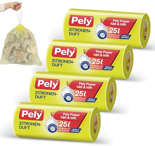 Pely Bolsas de basura con cordón con aroma a limón, paquete de 4 paquetes de 14 unidades, amarillo, para la eliminación de residuos residuales (25 litros) con agradable aroma (25 L)