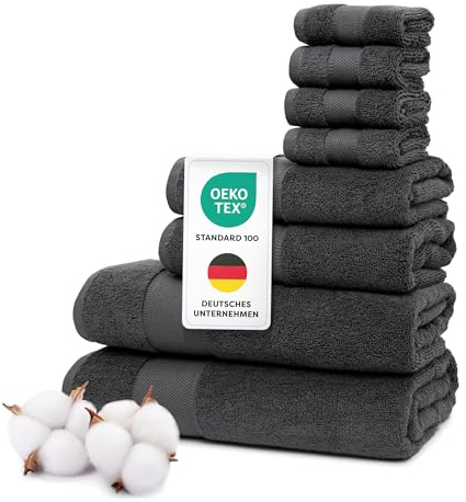 Wolkenfeld Handtuch Set 8-teilig Premium – 100% Low Twist Baumwolle, 550g/m², Oeko-TEX zertifiziert, 2 Duschtucher 70x140 cm, 2 Handtücher 50x100 cm, 4 Waschlappen 30x30 cm, Handtücher Set, Dunkelgrau