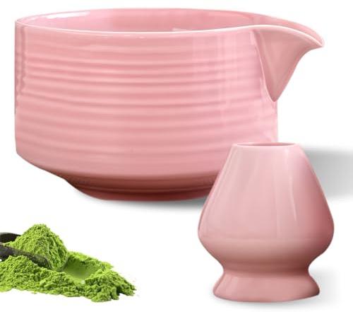 VEGOATY Bol à matcha japonais en 2 parties avec bec verseur, bol à thé Chawan Matcha avec repose-fouet, bol traditionnel en céramique, rose, 560 ml