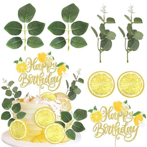 Xsstarmi Happy Birthday Cake Topper Decorations with Juicy Lemon Slices Leaves Cake Pick Decorations for Baby Shower Birthday Party DIY Cake Decorations