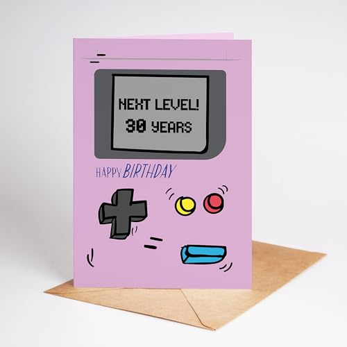 Lovely Cards Gameboy Karte Pink – 30. Geburtstag Frau – Retro Geburtstagskarte 30 Jahre – Lustige Karte zum 30. Geburtstag Freundin – Geschenk Frau 30 – Geburtstagskarte für Gamerin – A6