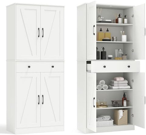 COSTWAY Küchenschrank hoch, 183 cm, Vorratsschrank mit 4 Türen, Schublade & 3 verstellbaren Regalen, Mehrzweckschrank modern, Hochschrank Buffetschrank, für Küche Esszimmer Wohnzimmer, Weiß