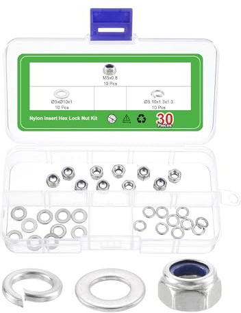 QUARKZMAN 30Stück M5 x 0.8 Nylon-Einsatz Sechskant-Sicherungsmutter Set 304 Edelstahl Sicherungsmuttern Mit Unterlegscheiben Und Federring Sechskant-Sicherungsmuttern Silber&Blau