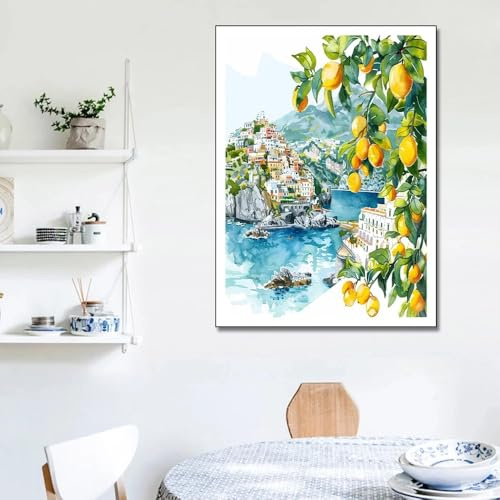 GKUVBF Italienischer Zitronenbaum, Küstenstadt-Motiv, Leinwandbild, Kunstdruck, Poster für moderne Wohnzimmerwanddekoration (70 x 100 cm/Rahmenlos)
