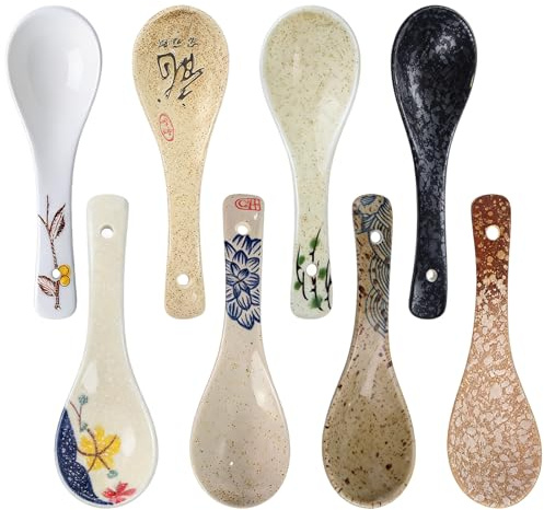 Dengthrive Ramen Löffel: 8 Stück 14cm Unterglasurbemalte Retro-Muster Asiatische Keramik Suppenlöffel für Familienhotels und Restaurants