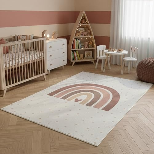 SIMPEX Kinderteppich Regenbogen Spielteppich für Kinderzimmer in Creme mit Herz Motiv Größe 160x230 cm perfekt für große Kinderzimmer