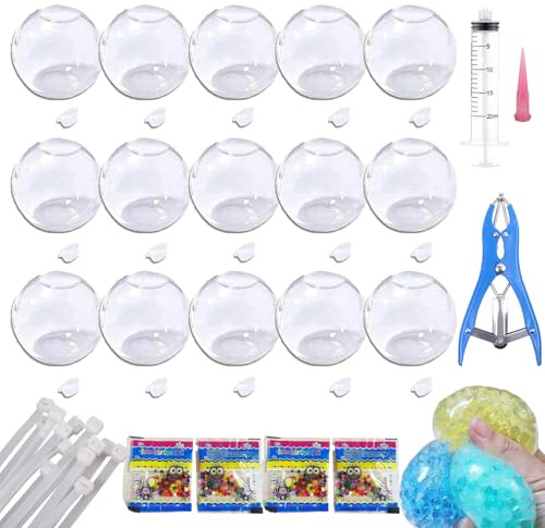15 Teiliges DIY Stressball Set, 15 Rohlinge für Druckbälle, 4 Packungen Füllmaterial, Luftpumpe und Aufblaswerkzeug zur Herstellung von Stressbällen – Knisternd und Entspannend (Transparent, 6CM)