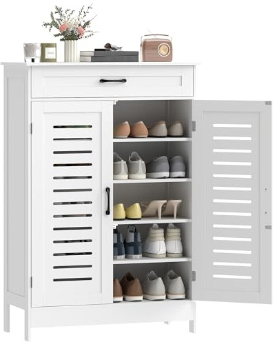 HOMCOM Mueble Zapatero de 5 Niveles, Armario para Zapatos con Cajón, Puertas de Rejilla, Estantes Ajustables, para 20 Pares de Zapatos, Zapatero para Pasillo Recibidor, 78x37x115,8 cm, Blanco