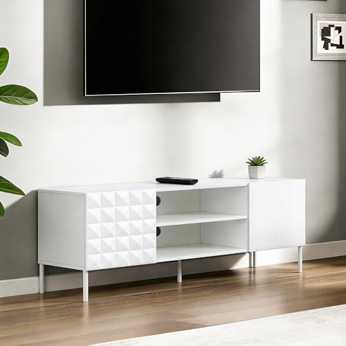 Hometopia TV-Lowboard 140 cm, Weiß mit 3D-Diamantfront | Modernes TV-Board mit 2 Push-to-open-Türen, 2 offenen Fächern, Kabeldurchlässen und 13 cm Bodenfreiheit