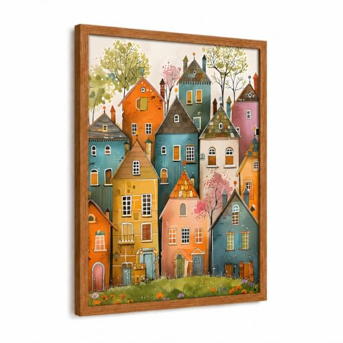 Elvynln Framed Canvas Wall Art 12x16 Inch, Colourful Village Houses Picture with Walnut Colour Frame, Living Room Decor, Waterproof Artwork for Bedroom Home Office