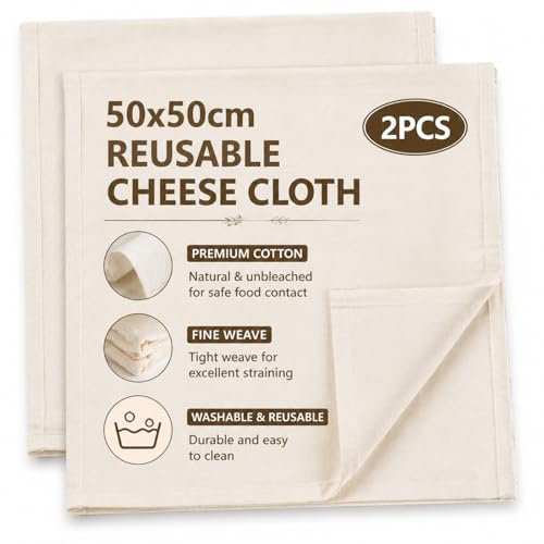 2 Pcs Cheese Cloths for Straining, Reusable 50 x 50 cm Cheesecloth | 100% Unbleached Pure Cotton Cheese Cloth, Muslin Cloths for Cooking, Food Strainer for Baking, Homemade Cheese & Butter