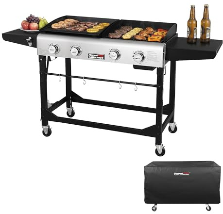 Royal Gourmet GD401C 4-Burner Propane Gas Grill and Griddle Combo with Cover, Griddle Grill Combo with 48,000 BTUs Output for Outdoor Cooking While Camping or Tailgating, Black & Silver