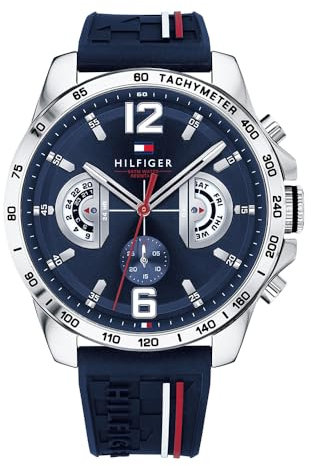 Tommy Hilfiger Herren 46mm Analoge Multifunktions-Quarz-Uhr - Marineblaues Zifferblatt und Marineblaues Silikonarmband, 3 Hilfszifferblätter, Wasserdicht bis 5ATM - 1791476
