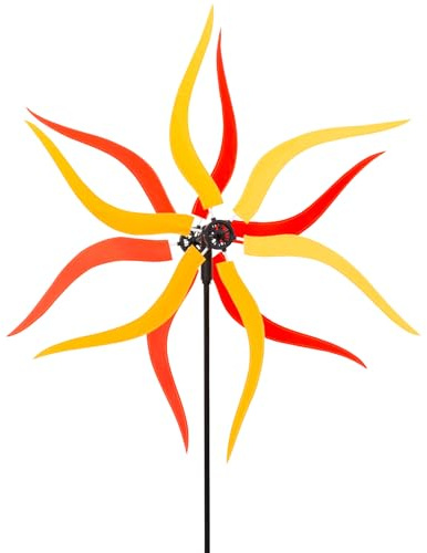 HQ Windspiel Windmill Sunbeam Windrad Gartendeko mit Standstab | Farbenfroh dreht schon bei leichtem Wind wetterfest UV-beständig langlebig für Garten Terrasse & Balkon Rad-Ø59cm, H129xT22cm