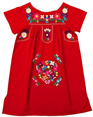unik Vestido tradicional mexicano bordado de algodón cultural, talla 2 a 14, azul marino, blanco, rosa, menta, coral, Rojo, 7