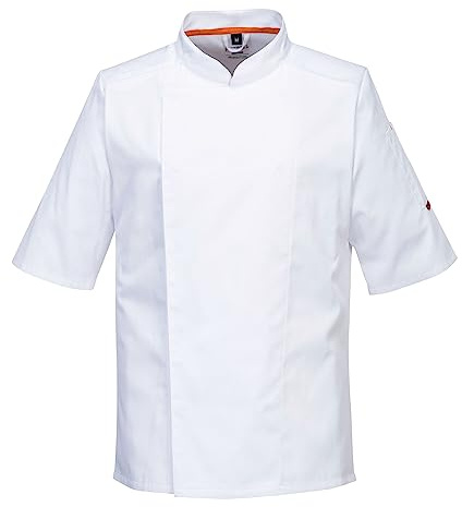 Portwest C738 Men's Mesh Air Pro Chef Jacket Short Sleeve Breathable Durable Slim Fit Texpel Finish Workwear Apron with Sleeve Pocket Machine Washable, White, M