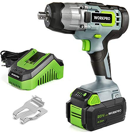 WORKPRO Akku Schlagschrauber 20V, Kabellos Schlagschrauber, 1/2'' Außenvierkant-Aufnahme, Drehmoment 300 Nm, Variable Geschwindigkeit, LED Licht, mit 4,0 Ah Akku und Ladegerät