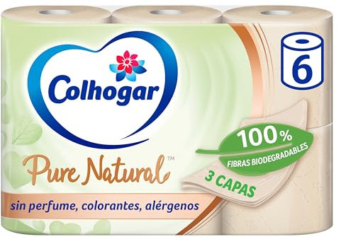 Colhogar Pure Natural x6 - Papel Higiénico Biodegradable Suave y Resistente -Papel de baño de 3 Capas - Dermatológicamente Testado - Paquete con 6 Rollos - Color Natural