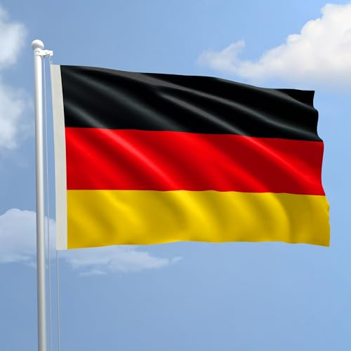 Bandiera Germania 70 x 100 cm in Poliestere Nautico Ignifugo 115 g/mq per Uso Interno ed Esterno con Finiture Professionali, Doppie Cuciture, Corda e Guaina, Colori Brillanti e Duraturi