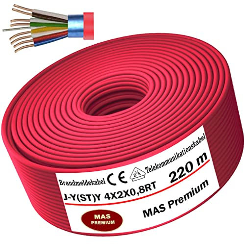 MAS Premium Von 5 bis 250m Brandmeldekabel Telekommunikationskabel J-Y(ST) Y 4X2X0,8 RT Fernmeldekabel Fernmeldeleitung Brandmeldeleitung (220m)