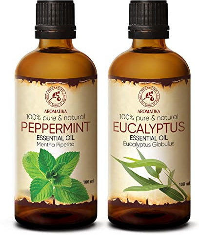 Set de Aceites Esenciales de Menta y Eucalipto 2x100ml - Aceites para Humidificador - Difusor - Aromalamp - Aromaterapia - Humidificador - Lámpara Aromática - Cuidado Piel - Aceites para Velas