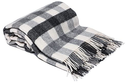 Drobė HOME Wolldecke aus 100% Reine Neuseeländischer Wolle, 140x200cm, Grau/Weiß/Dunkelgrau I Weicher, Karierte Plaid Decke aus Schurwolle mit Fransen I Perfekt als Überwurf Sofadecke, Tagesdecke
