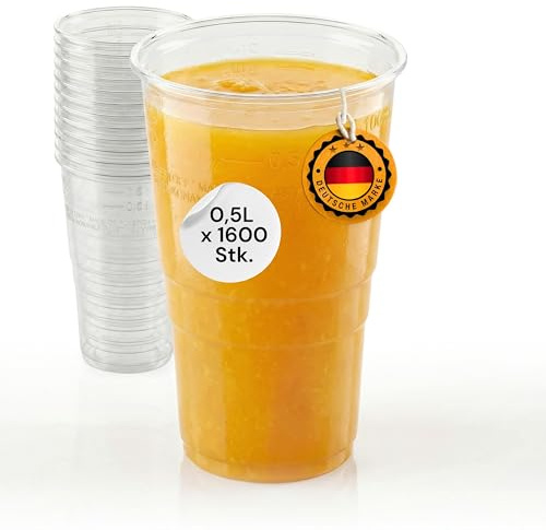 LogiPack GeRo 1600 Stück Plastikbecher – Trinkbecher mit Eichstrich 0,5l | Einwegbecher aus Hartplastik (PP), transparent | Bierbecher & Partybecher – Kunststoffbecher