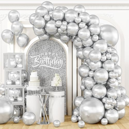 100 palloncini argentati metallizzati per arco di palloncini di diverse dimensioni 45/30/25/25/12/12/12 pollici in lattice argento cromato palloncini per compleanni, baby shower, matrimoni