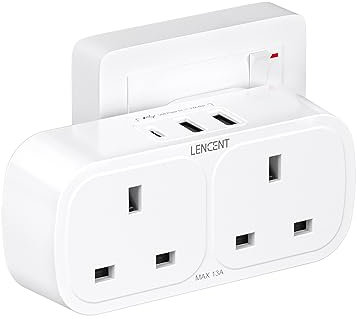 LENCENT Plug Adapter with 3 USB (Included 1 USB-C),Double Wall Plug Extension, Multi Plug 2 Gang Extender Suitable for UK, 13A 3250W for Home, Office, College dormitary
