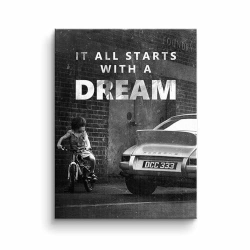 DOTCOMCANVAS It all starts with a dream Motivation Erfolg Porsche Traum schwarz weiß xxl Motiv mit premium Rahmen
