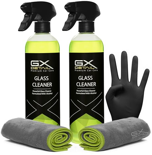 GxDetail Limpiacristales Coche 1 Litro - Glass Cleaner - Incluye Guantes de Nitrilo y 2 Microfibras - Limpia Cristales Triple Acción - Sin Marcas - Limpia Cristales Profesional – Formula con Alcohol