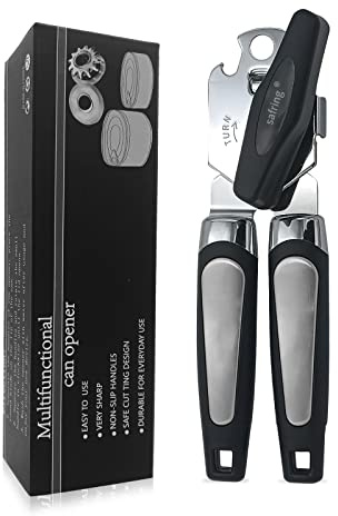 Safring Can Opener Manual, Handheld Strong Heavy Duty Stainless Steel Can Opener, Comfortable Handle, Sharp Blade Smooth Edge, Can Openers with Multifunctional Bottle Opener