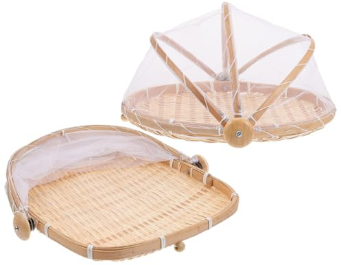 Yardenfun Bamboo Fruit Basket with Mesh Cover 11.4 Inch Multi-Purpose Storage Basket for Vegetables Food Protection from Flies Household Use